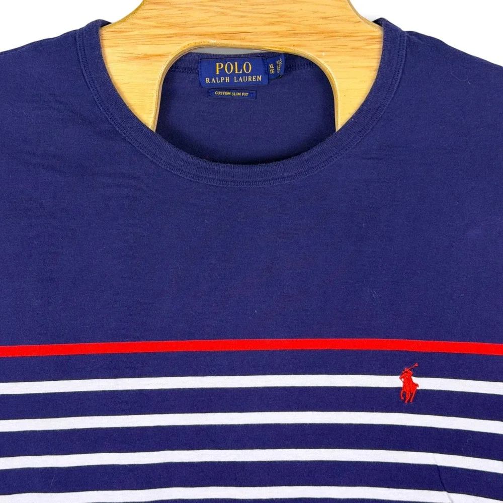 Polo Ralph Lauren Crewneck Shirt Men XL Blue Red Stripe Custom Slim Fit Nautical